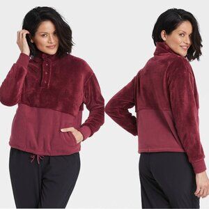Large - Womens Snap Front Cozy Sherpa Pullover Sweatshirt - All in Motion - Burg